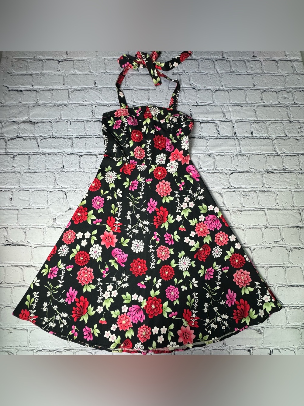 Xi Japanese Retro Style Black Floral Halter Dress Collared Square Neck Size S